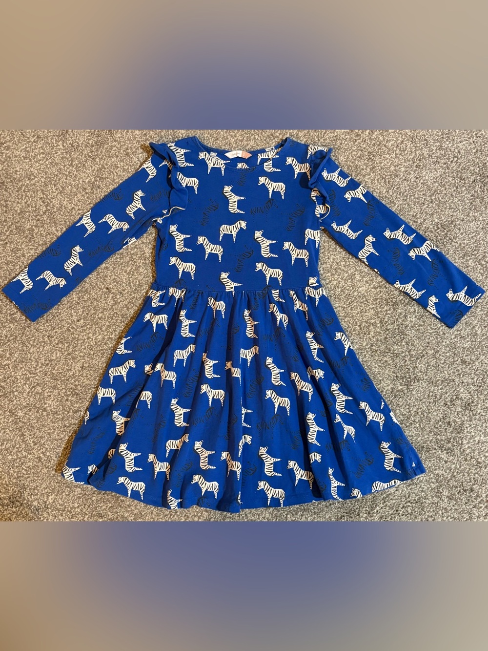 Girls' Blue Zebra Print Ruffle Shoulder Dress